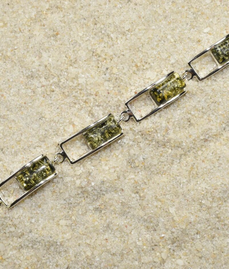 bransoletka srebrna próba 925 z bursztynem zielona wieloelementowa Clara