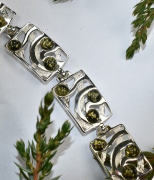 bransoletka srebrna próba 925 z bursztynem zielona wieloelementowa Izolda